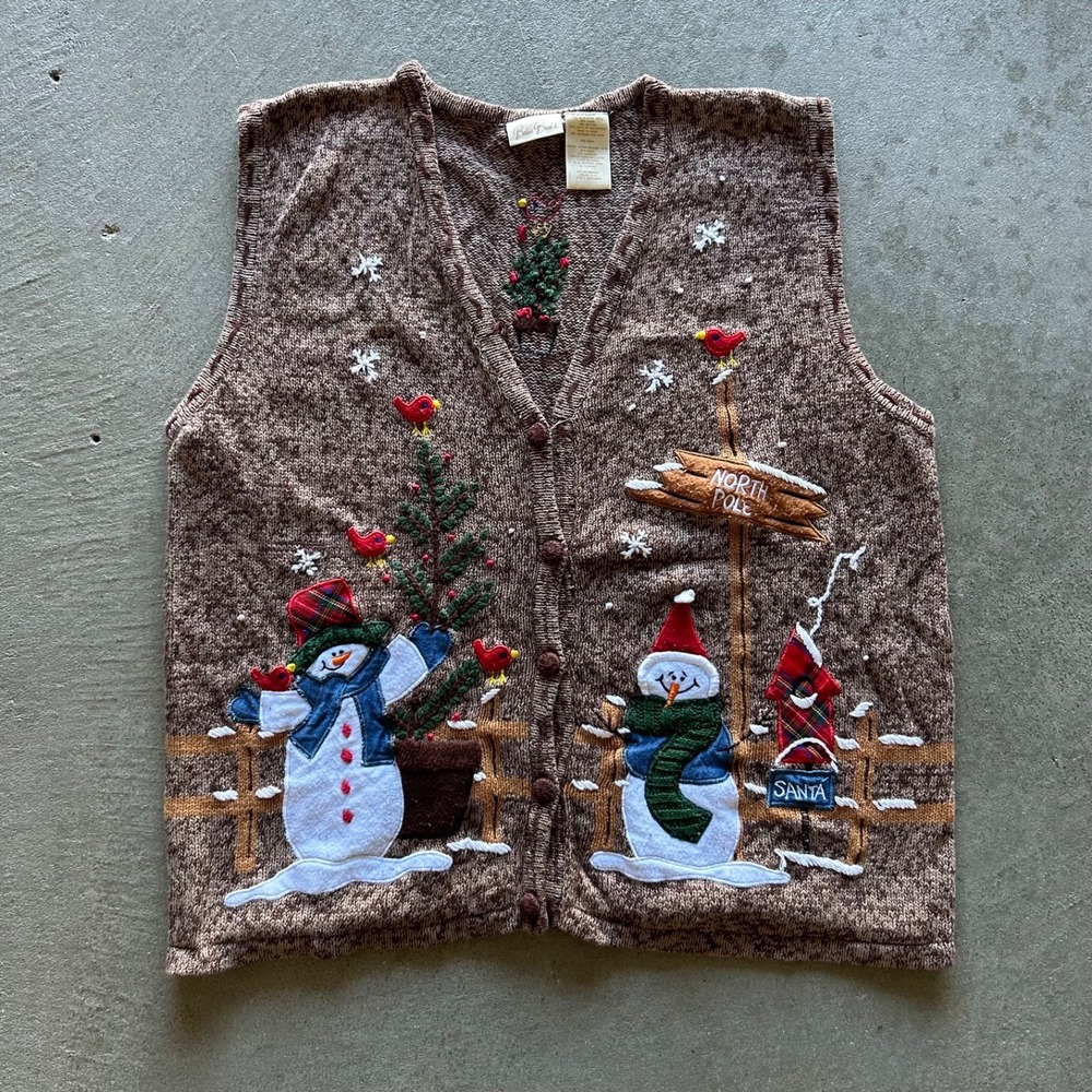 Vintage Bobbie Brooks Christmas Sweater Vest Womens XL Snowman North Pole Ramie